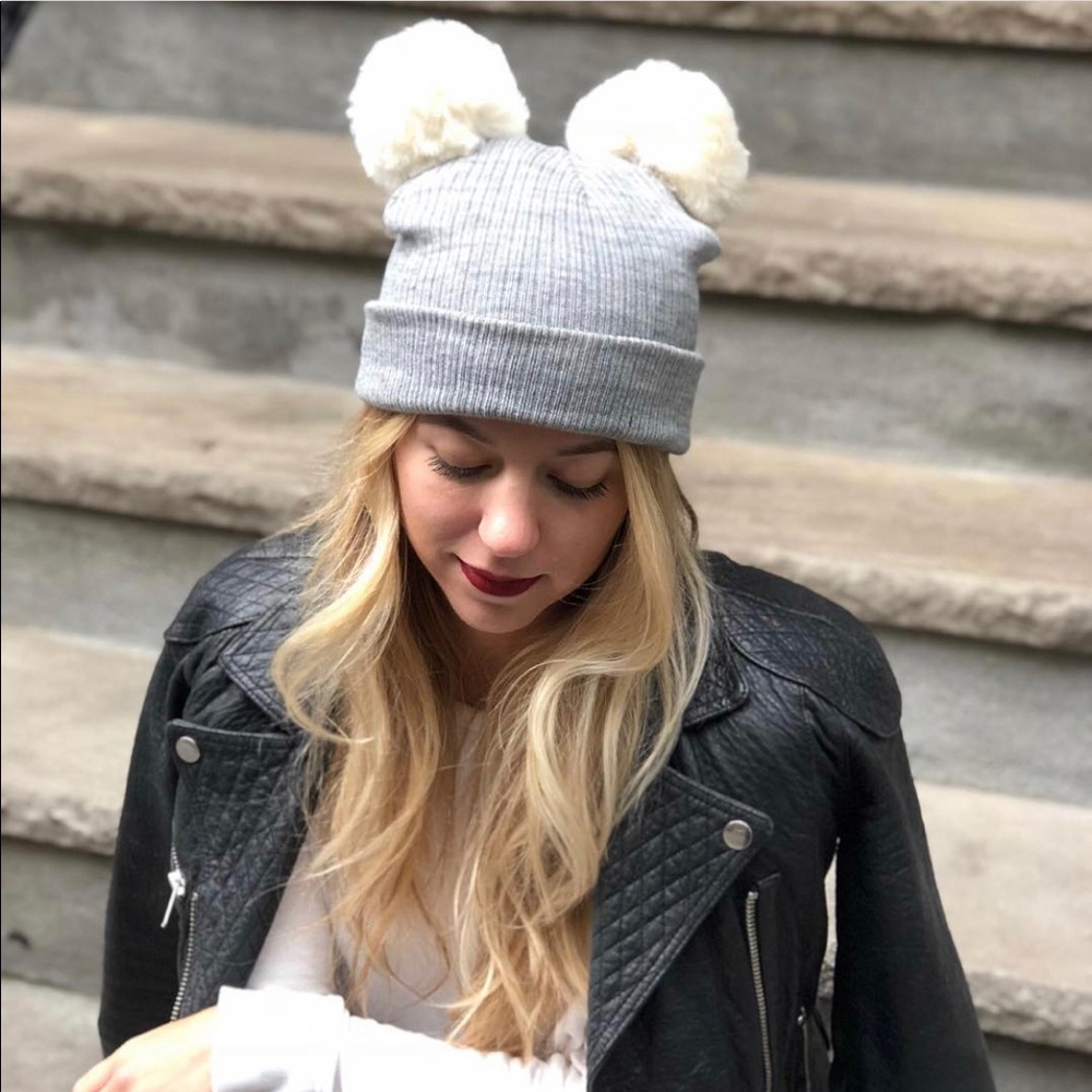Fuzzy Bear Beanie - Grey and White